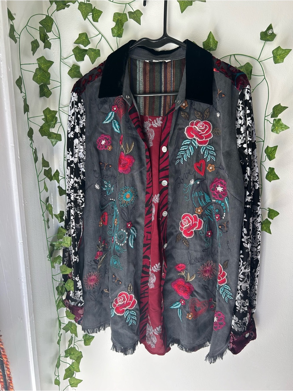 John Mark Embroidered Floral Jean Jacket - Charcoal Gray, Red & Teal